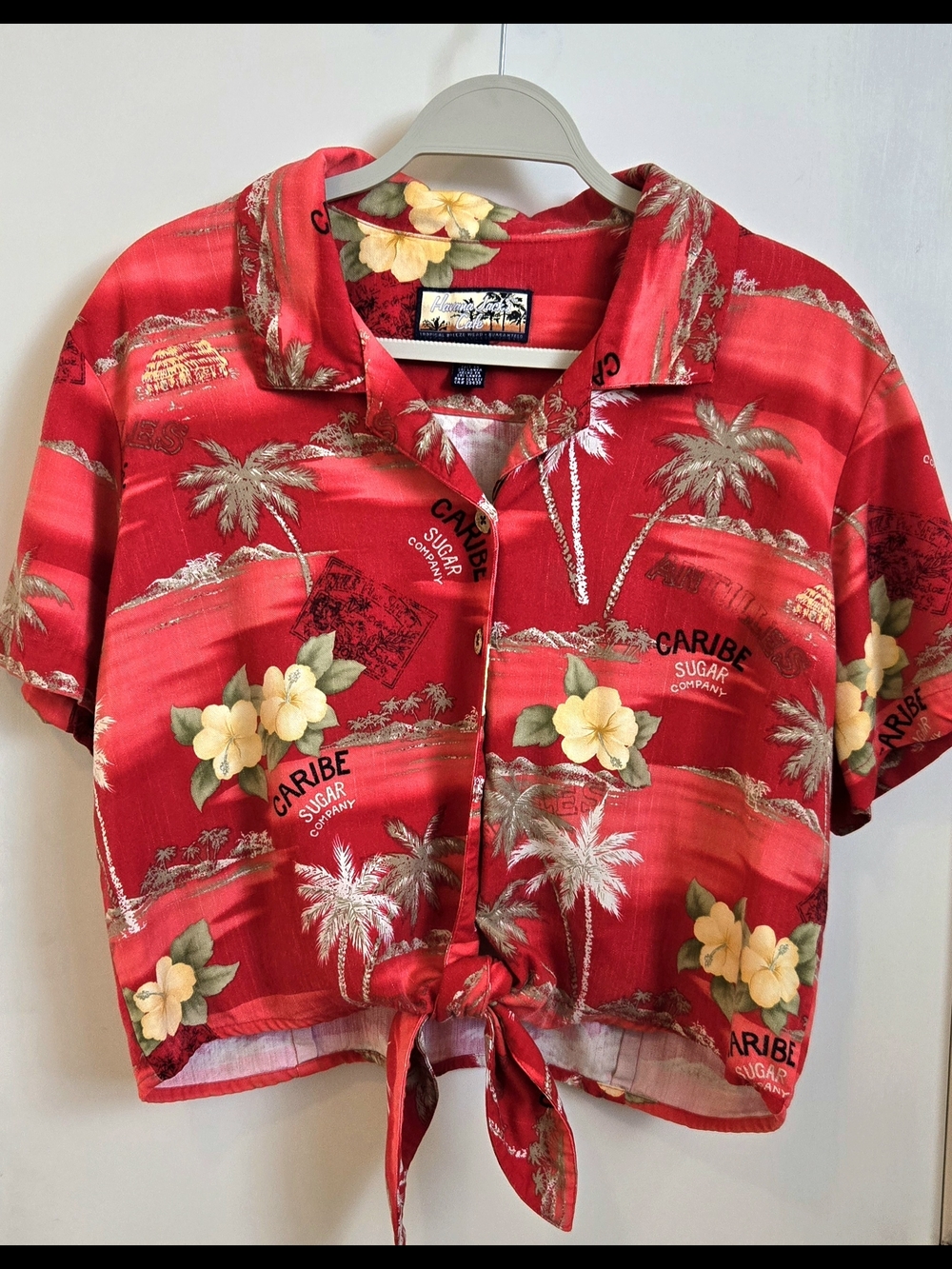 Caribe Sugar Company Red Tropical Floral Tie-Front Crop Top